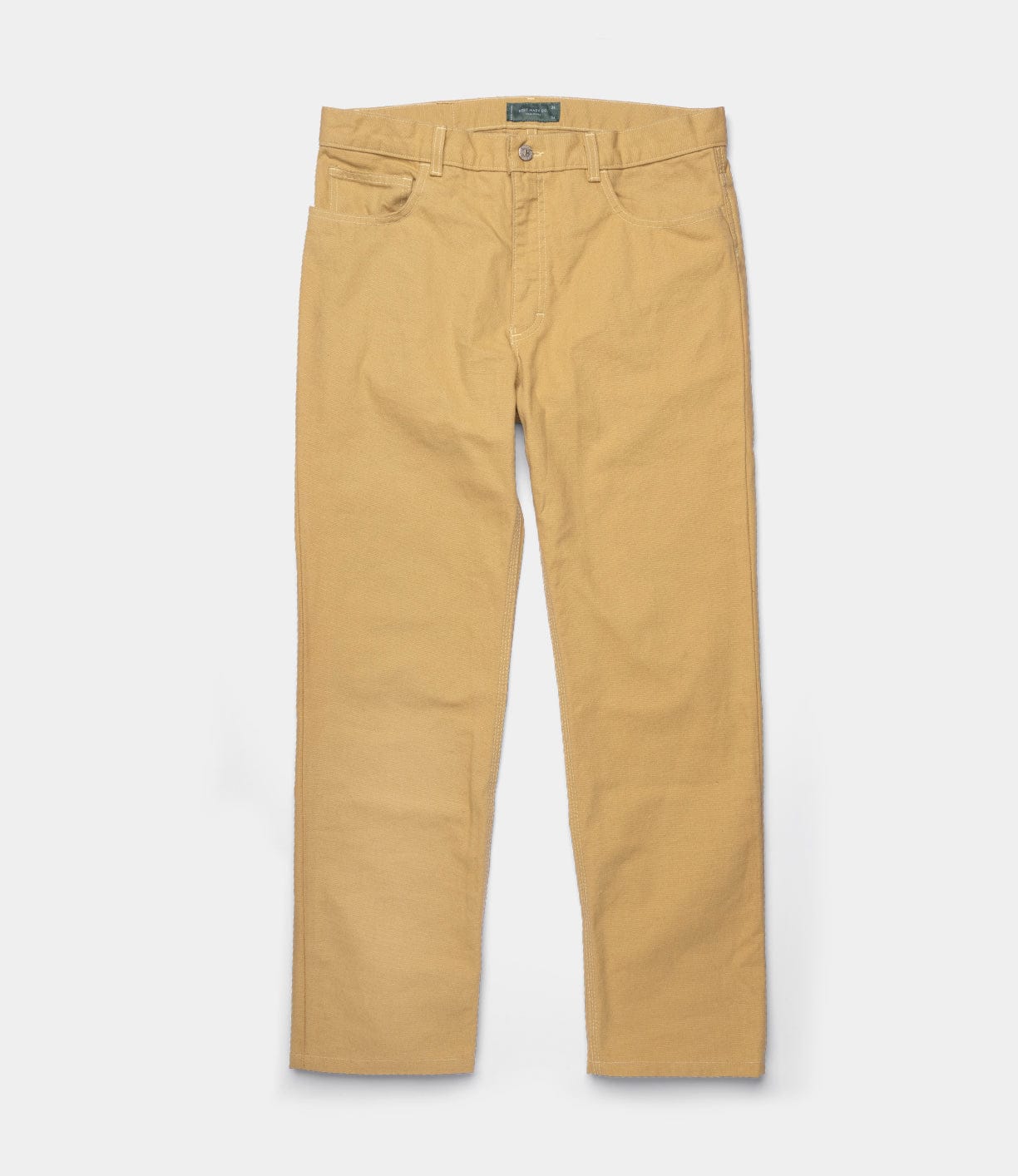 The Best Made Co Standard 5-Pocket Pant M2 Khaki features tan heavyweight cotton, straight-leg fit, belt loops, button closure, front and back pockets. Made in Kentucky. Shown on a plain white background.