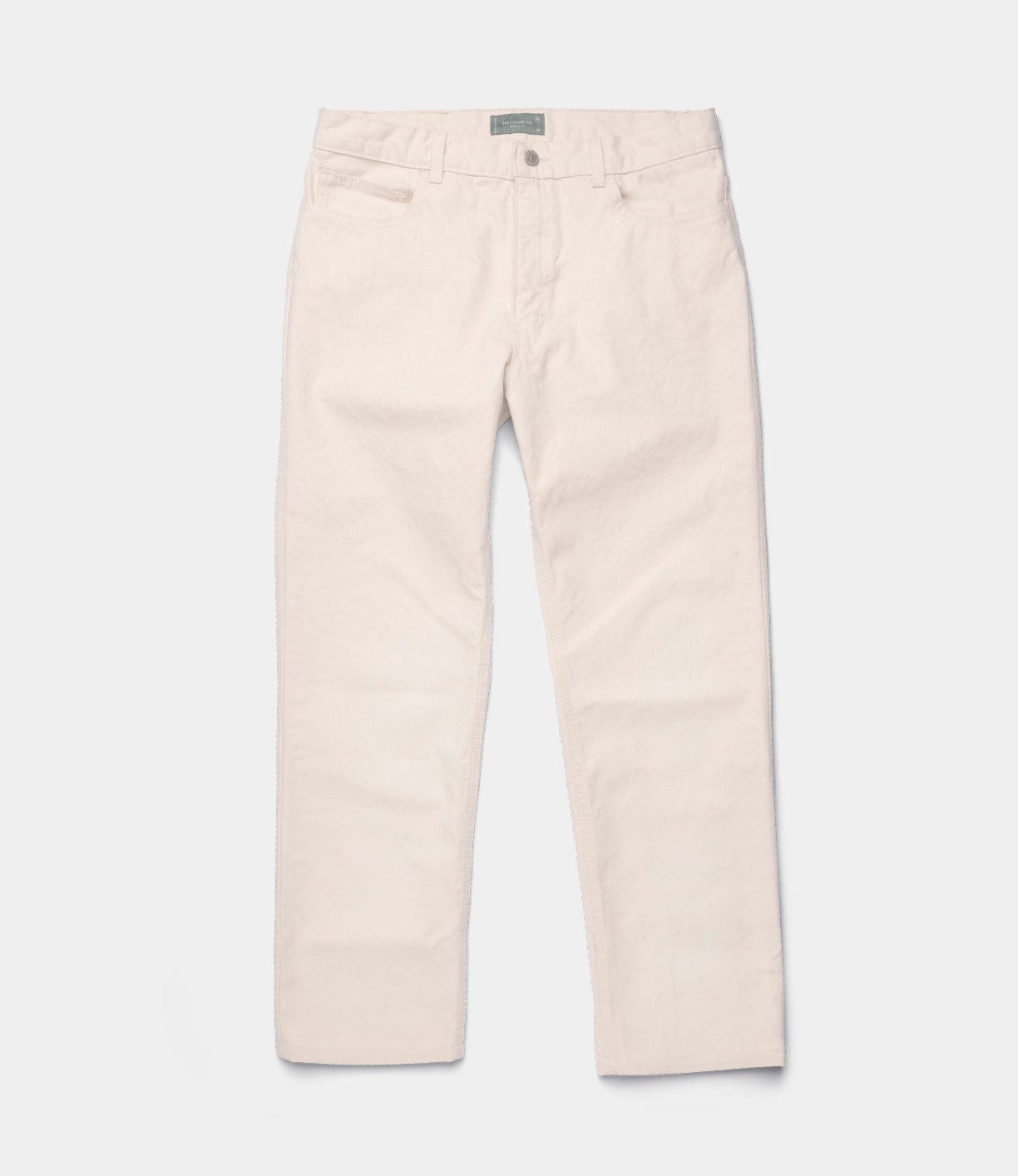 The Best Made Co Standard 5-Pocket Pant M2 Undyed is a classic, heavyweight cotton straight-leg jean in light beige, featuring a button closure and 5-pocket styling, shown flat on a plain white background.