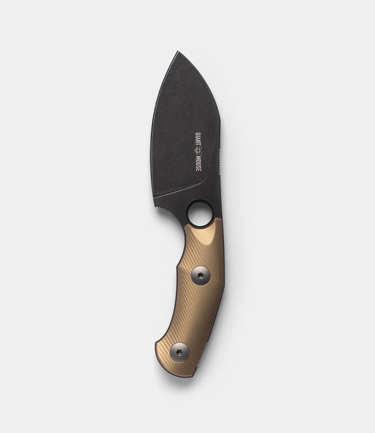 The Best Made Co GiantMouse GMF1-P (BMC Edition) is a compact fixed blade knife featuring a black, wide N690 steel blade, a metallic gold textured handle with two screws and a circular cutout, plus marked text on the blade.