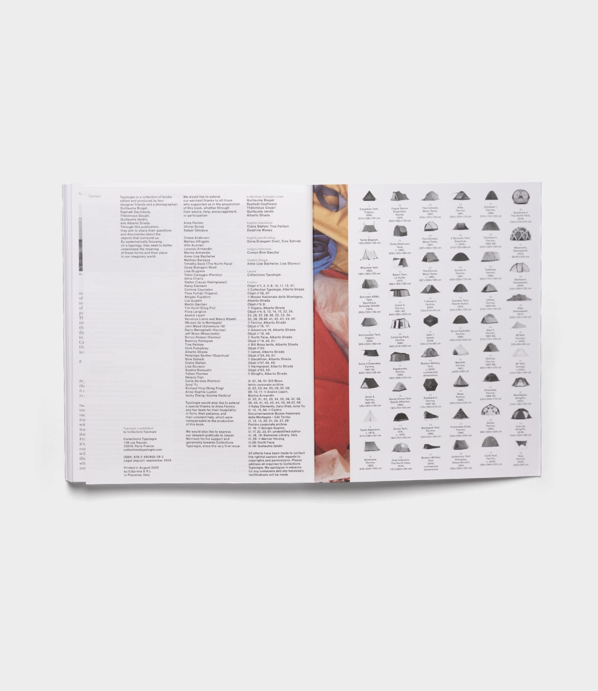 An open book about The Camping Tent by Best Made Co. lies open: dense text fills the left page, while a grid of black-and-white icons appears on the right, all set against a white background with meticulous detail.