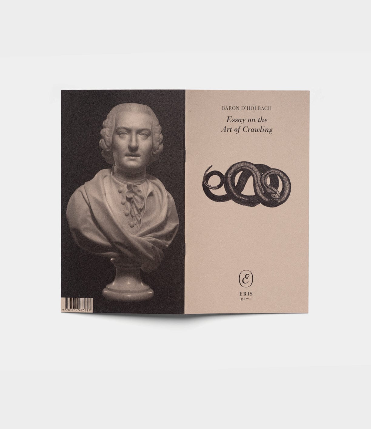 A book cover displays a man's bust on the left and a coiled snake illustration on the right. Titled Essay on the Art of Crawling by Best Made Co.