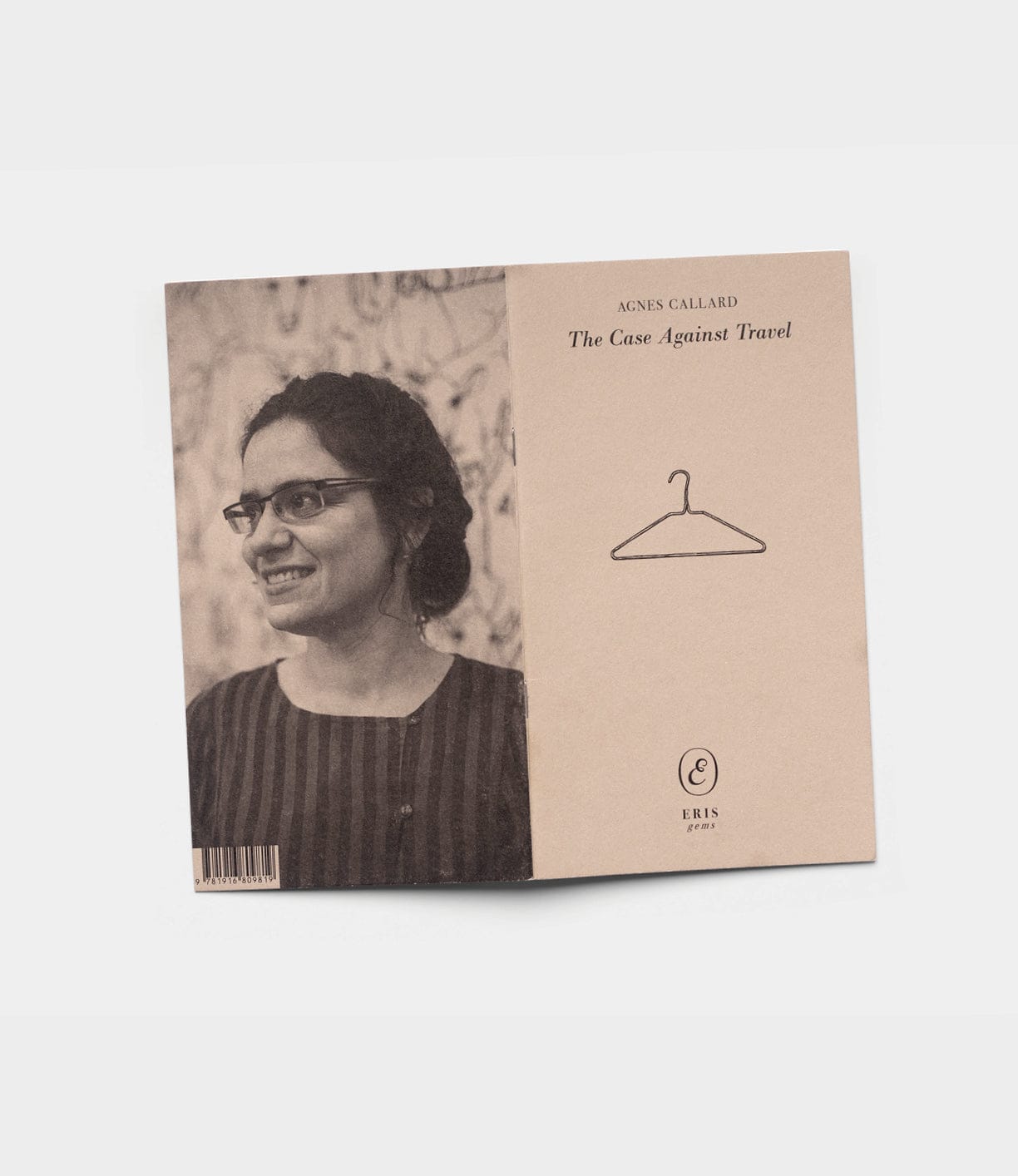 Book cover for The Case Against Travel by Best Made Co., featuring a grayscale photo of a smiling woman with glasses on the left and a simple hanger drawing on the right.