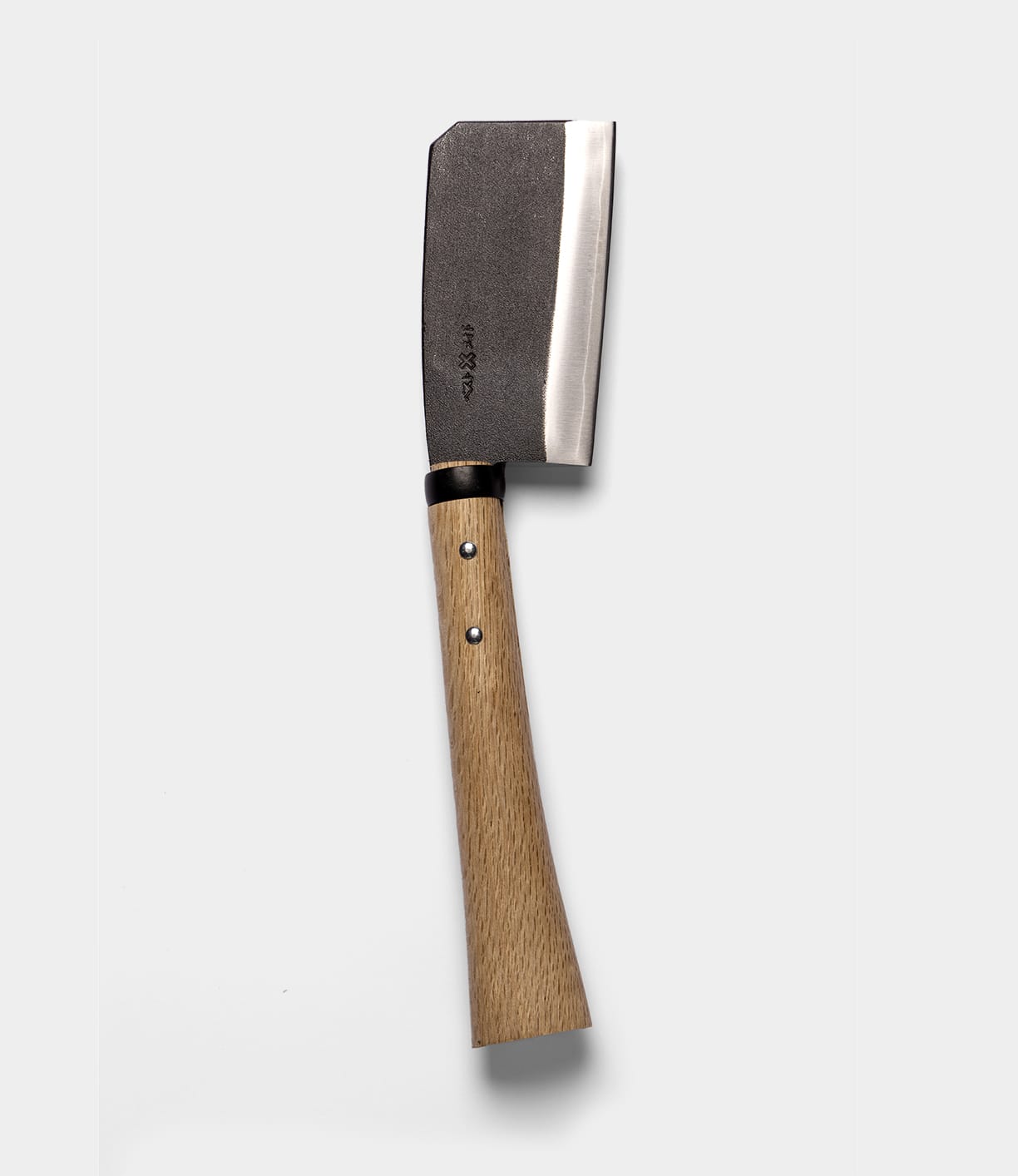 A Best Made Co. Azuma Hatchet, featuring a straight wooden handle and a dark, rectangular Japanese carbon steel blade with a sharp, polished edge, is photographed on a plain light gray background.