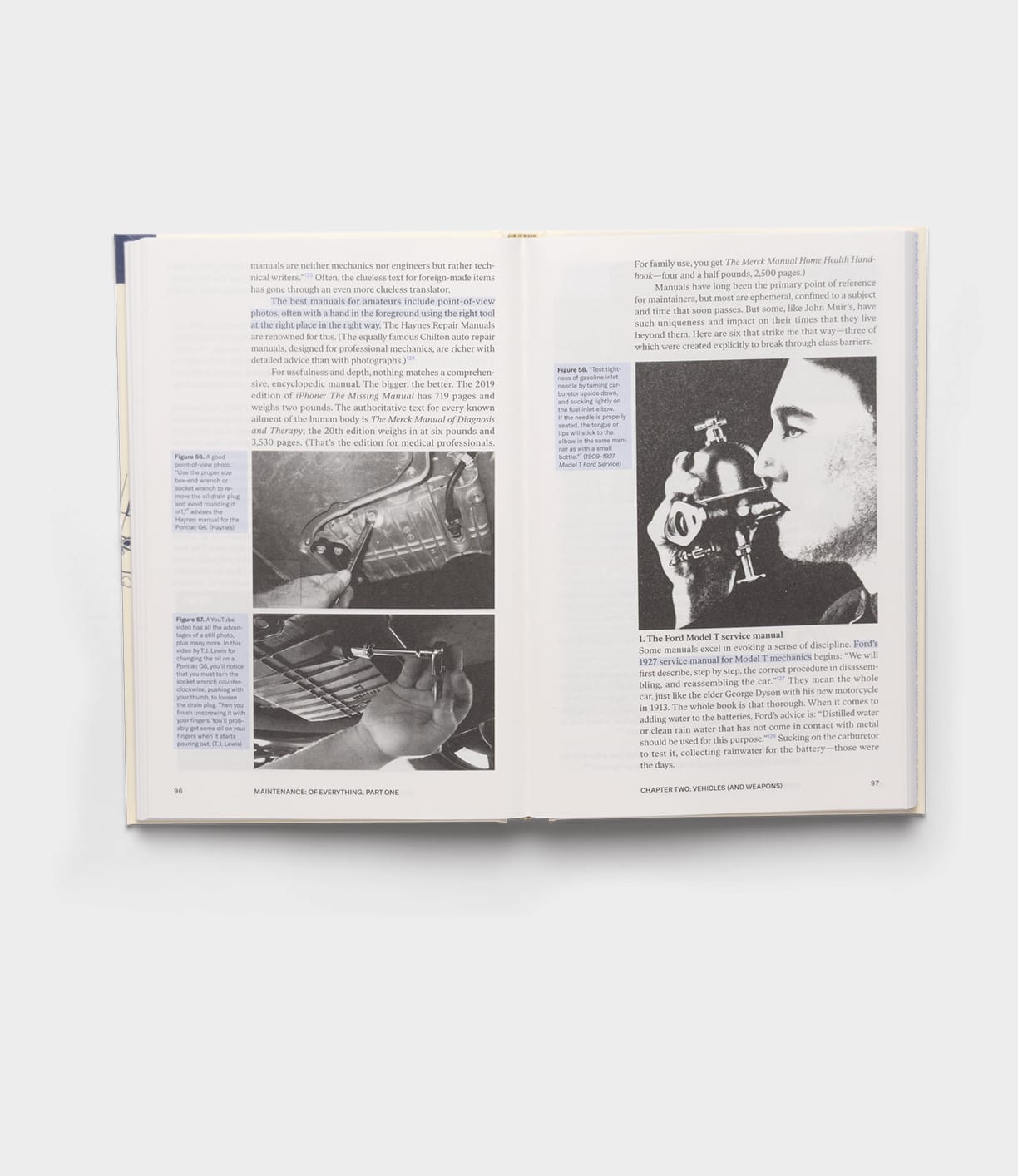 An open copy of "Maintenance of Everything" by Best Made Co. reveals two pages with text, blue-highlighted side notes, black-and-white photos—machinery on the left evoking fixers, and a person using a breathing apparatus on the right.