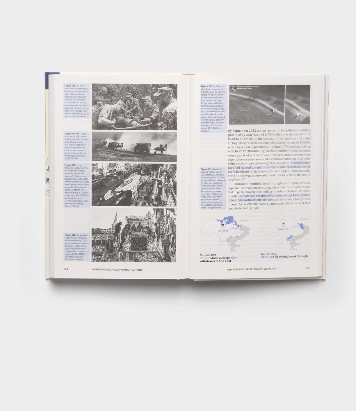 An open book, "Maintenance of Everything" by Best Made Co., displays black-and-white wartime photos, captions, maps, and text. Blue boxes highlight fixers and maintenance tips beside images of soldiers, vehicles, and crowds on a clean white background.