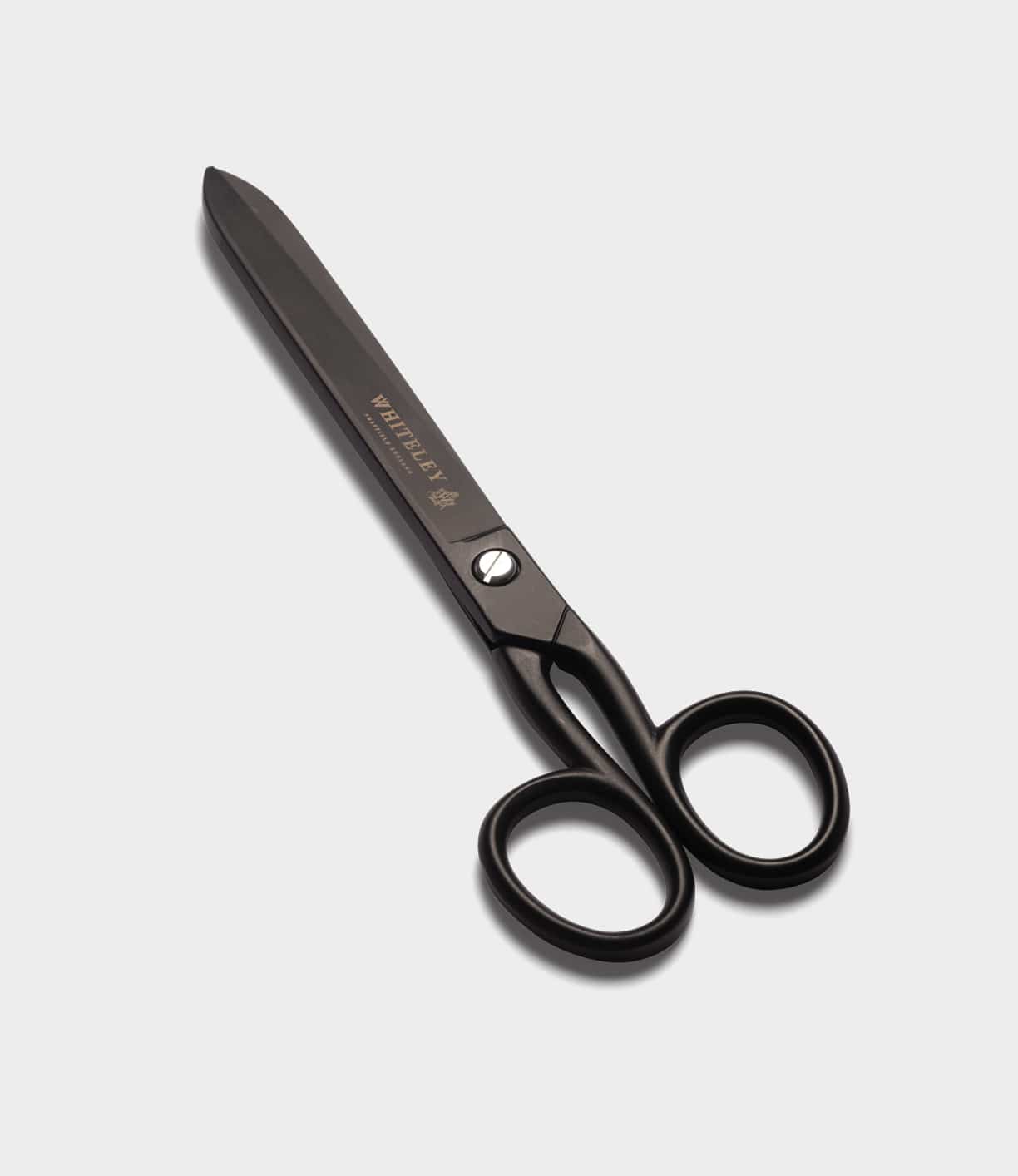 A pair of Ten-Inch Paper Scissors by Best Made Co., featuring sharp, hot-forged carbon steel blades and two symmetrical finger loops, shown on a plain light gray background. "Best Made Co." is engraved in gold on one blade.