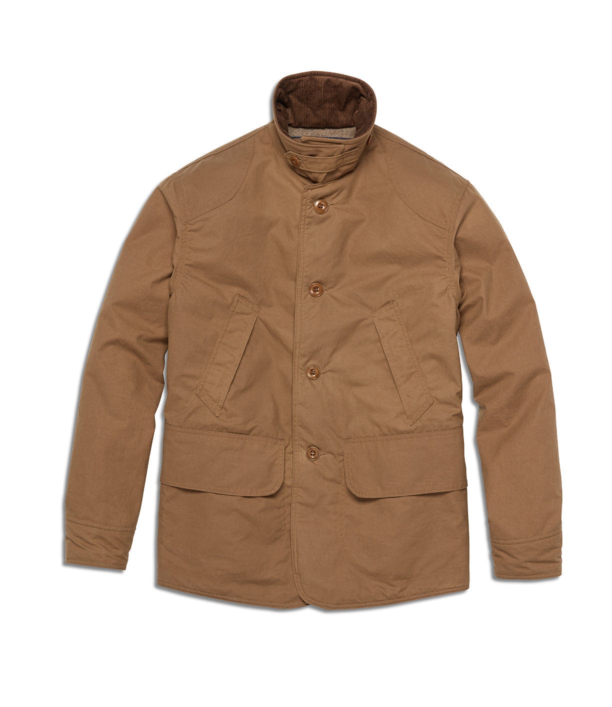The Wool-lined Waxed Field Jacket Tan by Best Made Co. features a button-up front, high collar, two large front flap pockets, and two angled chest pockets, shown laid flat on a white background.