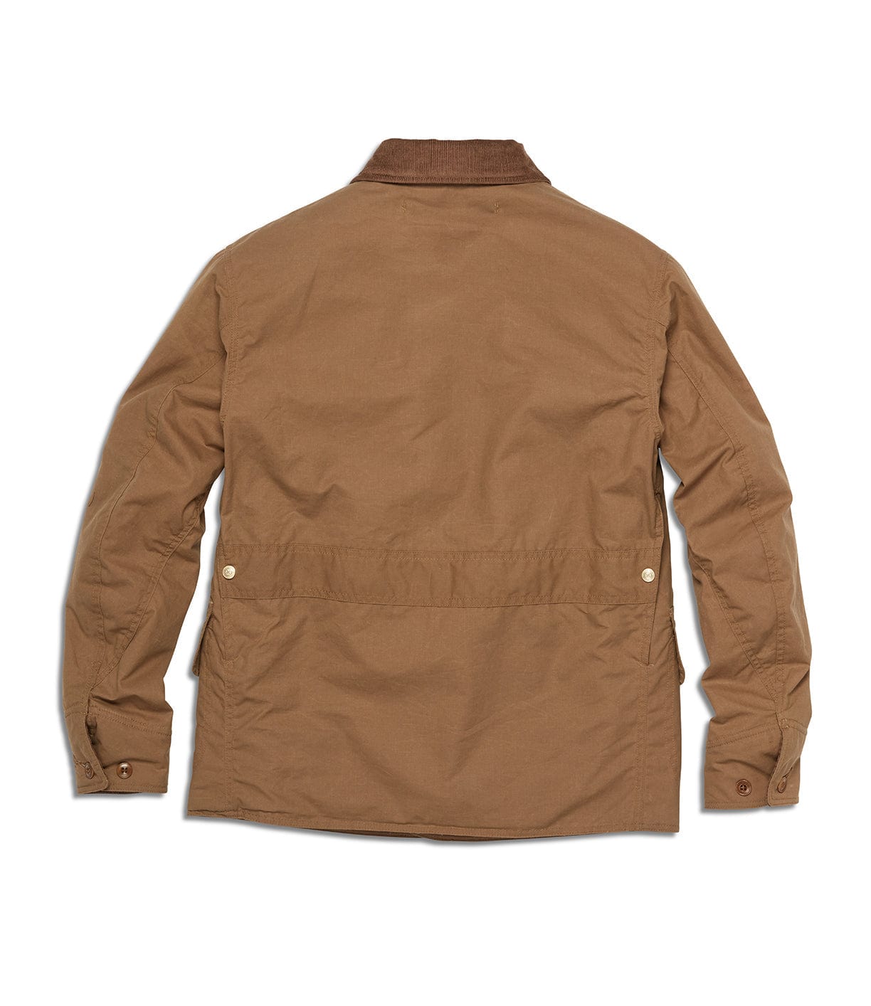 The Best Made Co. Wool-lined Waxed Field Jacket in tan is shown from the back, with a corduroy collar, buttoned cuffs, waist adjuster buttons, and sturdy all-weather material for lasting outerwear.