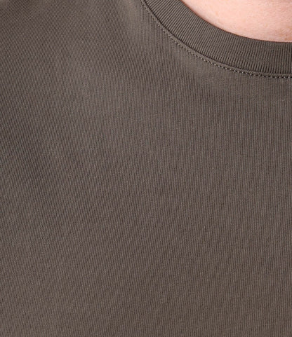 Close-up of the Best Made Co. Standard T-Shirt Field Drab, showing its fine ribbed texture and collar stitching detail in a plain olive-green color.