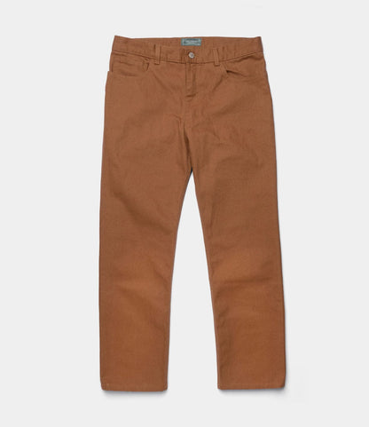 The Best Made Co. Standard 5-Pocket Pant M2 Field Brown is a classic straight leg pant in heavyweight cotton, with front and back pockets, a button closure, and belt loops, shown laid flat on a white background.