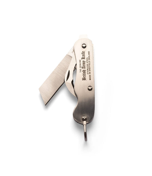 The Best Made Co. British Army Knife, a stainless steel folding pocket knife with two extended blades and engraved handle, is displayed against a plain light gray background.