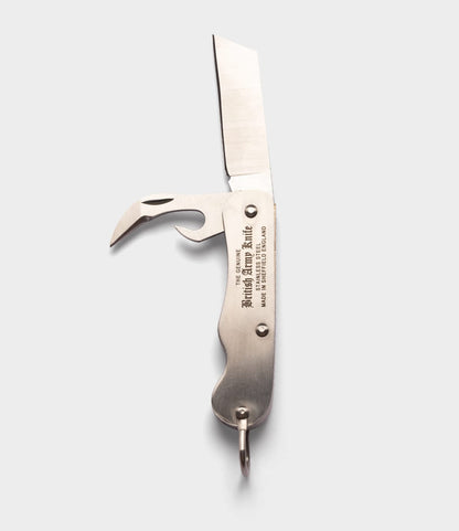 The Best Made Co. British Army Knife, made in Sheffield, features a stainless steel straight blade, curved marlinspike, and engraved handle text, shown against a plain light gray background.