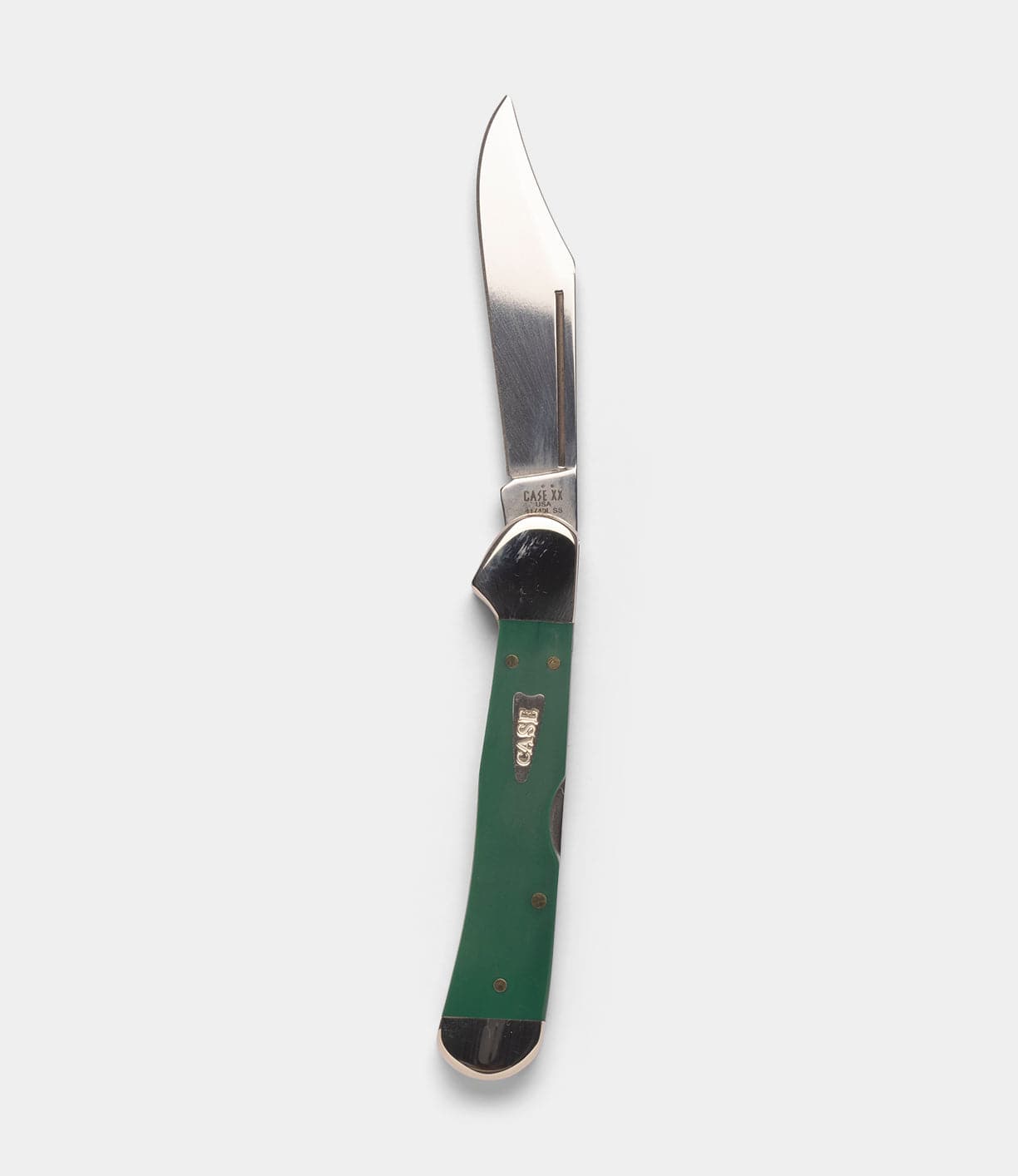 The Best Made Co Mini Copperlock is a folding lockback knife with a shiny stainless steel blade and green handle accented with metal, displayed against a plain light gray background.
