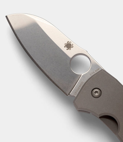 Close-up of the Best Made Co. Spyderco Techno 2 pocket knife with a CTS-XHP steel blade featuring a round hole, spider logo, and SPYDERCO & CTS-XHP etching. The gray titanium framelock handle has a visible screw.