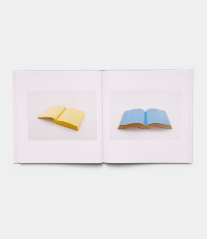 An open book, "Boats, Books, Birds" by Best Made Co., displays two pages: the left page features a yellow book and the right shows a blue book, both photographed against plain white backgrounds.