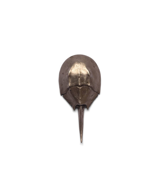 The Best Made Co. Horseshoe Crab Opener is a handcrafted bronze piece with a long tail, resting on wood and featuring a brass hinge and screw—an artful design reminiscent of lost wax casting.
