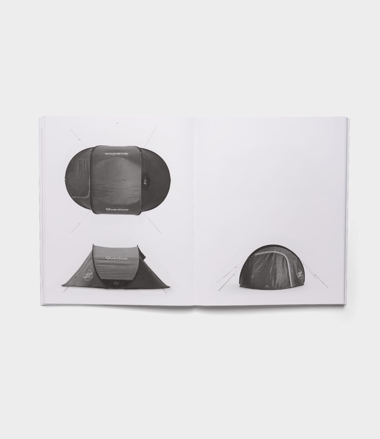 An open photographic book from Best Made Co., titled "The Camping Tent," shows black and white images of a pop-up tent—top and side views on the left page, with front and side perspectives on the right.