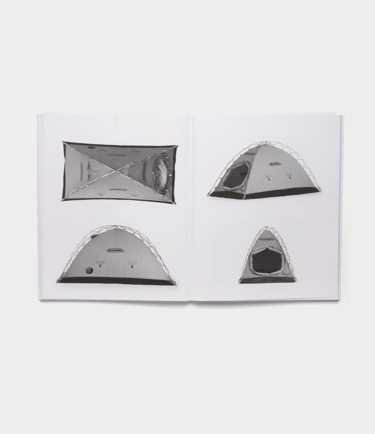 The Camping Tent by Best Made Co. is an open photographic book featuring black-and-white images of a tent from top, side, front, and entry views, highlighting its structure and design details.