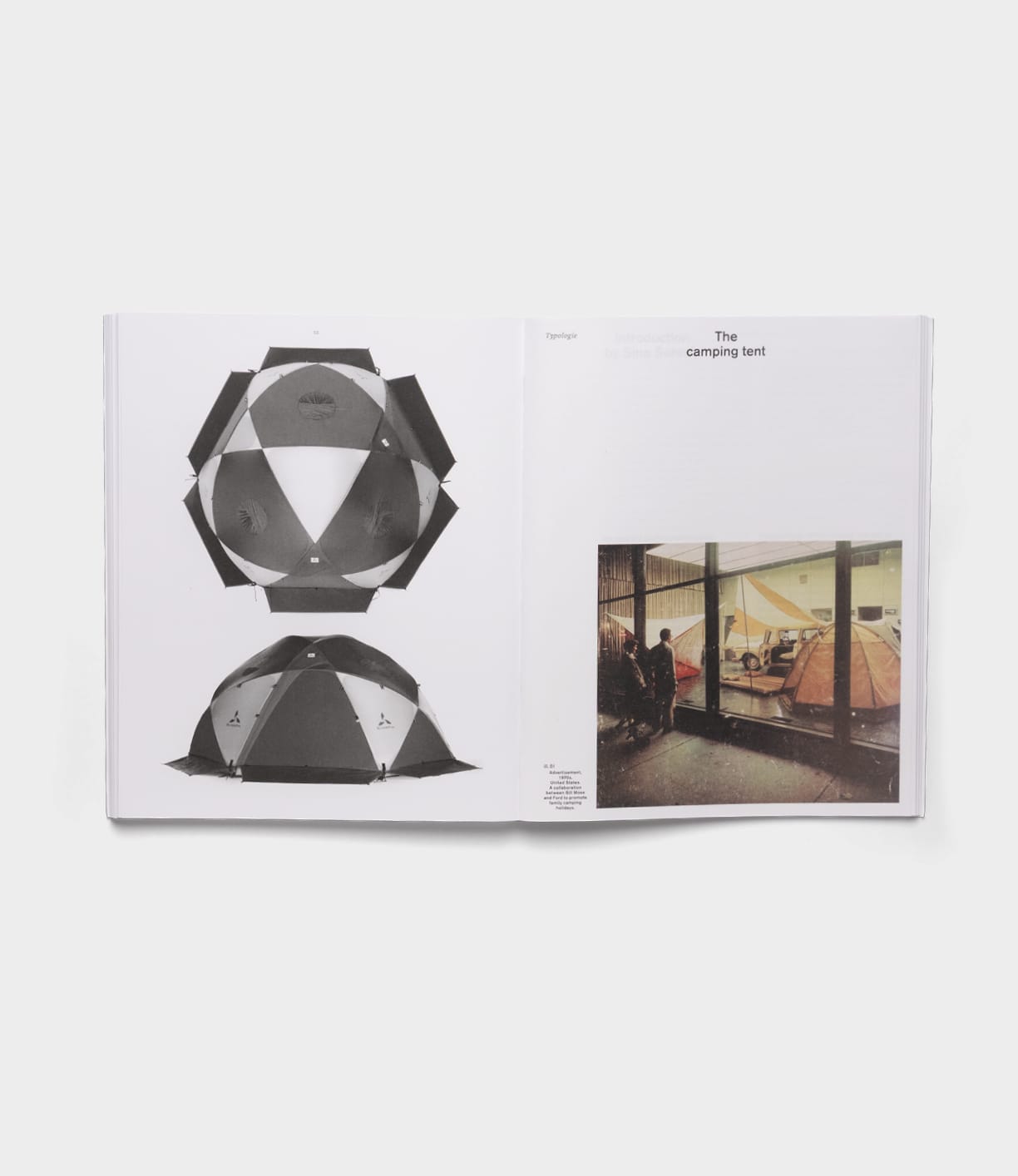 An open book shows geometric camping tent diagrams and a photo of people with orange tents indoors, echoing Robert Adams’ style. The right page features text titled "The Camping Tent" by Best Made Co.