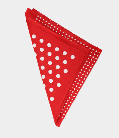 The Semaphore Bandana by Best Made Co. is a red, hand-printed Japanese cloth featuring bold white polka dots with smaller dots along the border, displayed neatly on a plain white background.