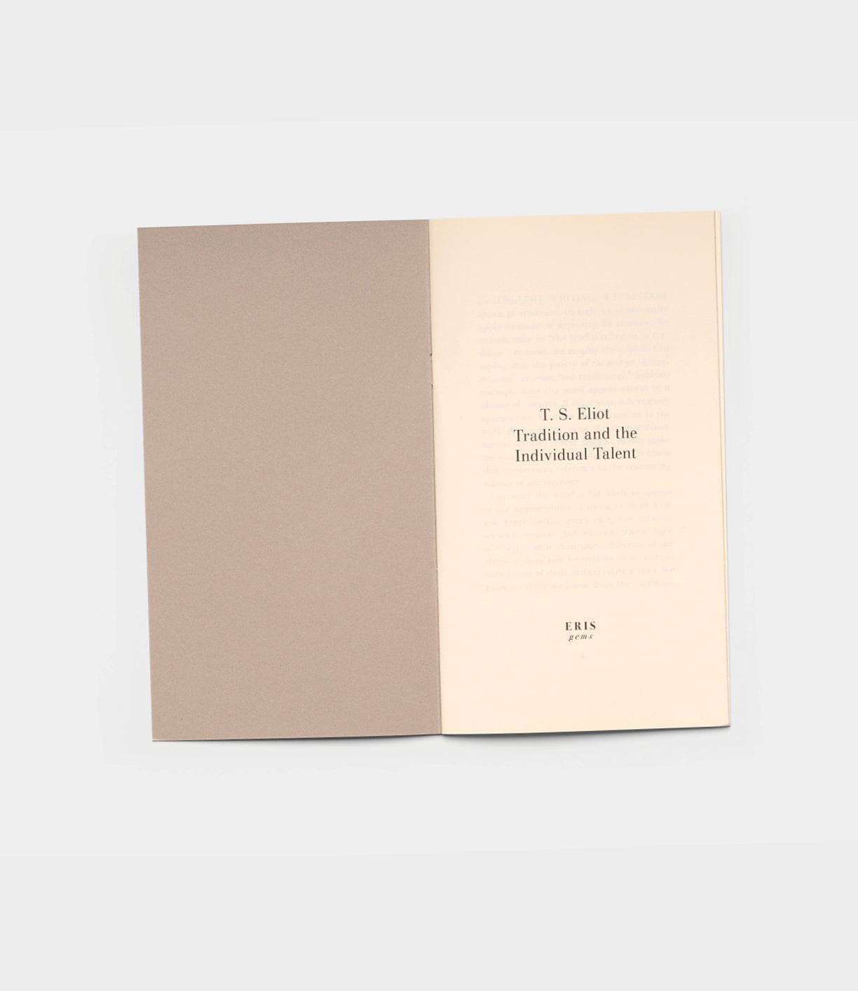 An open book displaying the title page of Tradition and the Individual Talent by Best Made Co., featuring a plain brown left page and a cream right page.