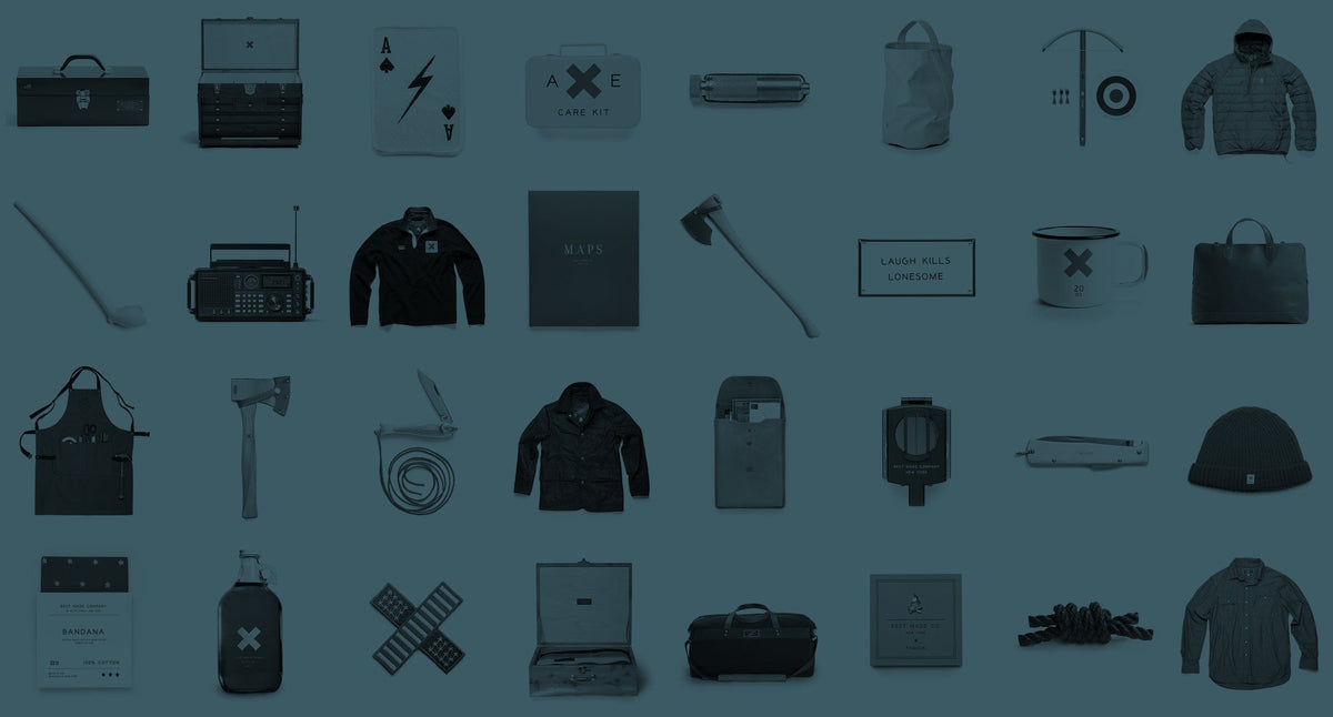 A grid of various objects including clothing, tools, mugs, a radio, a hatchet, a backpack, a beanie, and a coiled rope, all arranged in rows on a blue-tinted background.