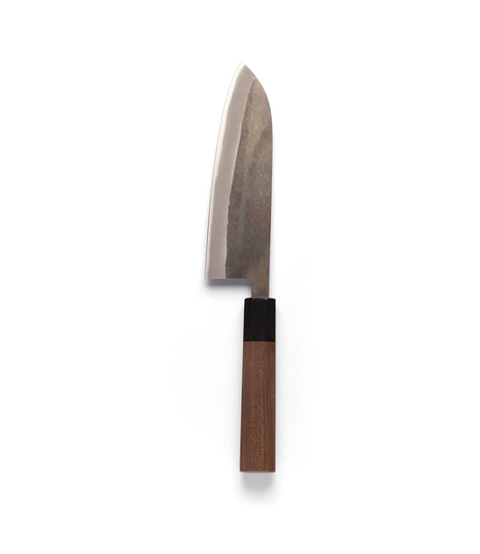The Best Made Co. Aogami Santoku Knife features a wide Blue Paper Steel blade and a wooden handle, shown against a plain light gray background.