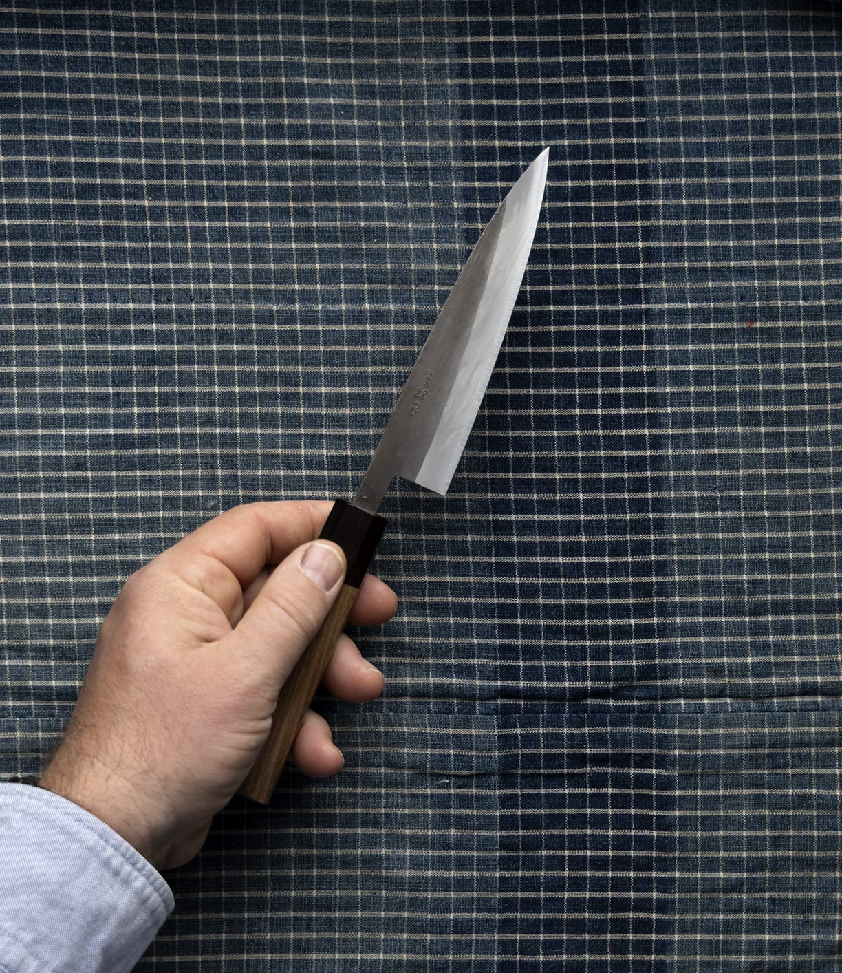 A left hand holding a Best Made Co. Aogami Petty Knife with a wooden handle over a blue and white checkered cloth background.