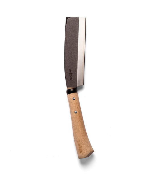 The Sayanata Hatchet by Best Made Co. features a rectangular, single-beveled carbon steel blade and a wooden handle, displayed against a plain white background.
