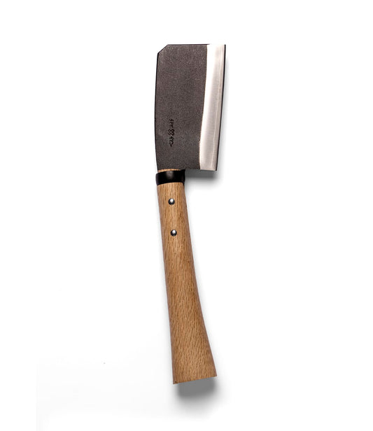 A Best Made Co. Azuma Hatchet, featuring a straight wooden handle and a dark, rectangular Japanese carbon steel blade with a sharp, polished edge, is photographed on a plain light gray background.