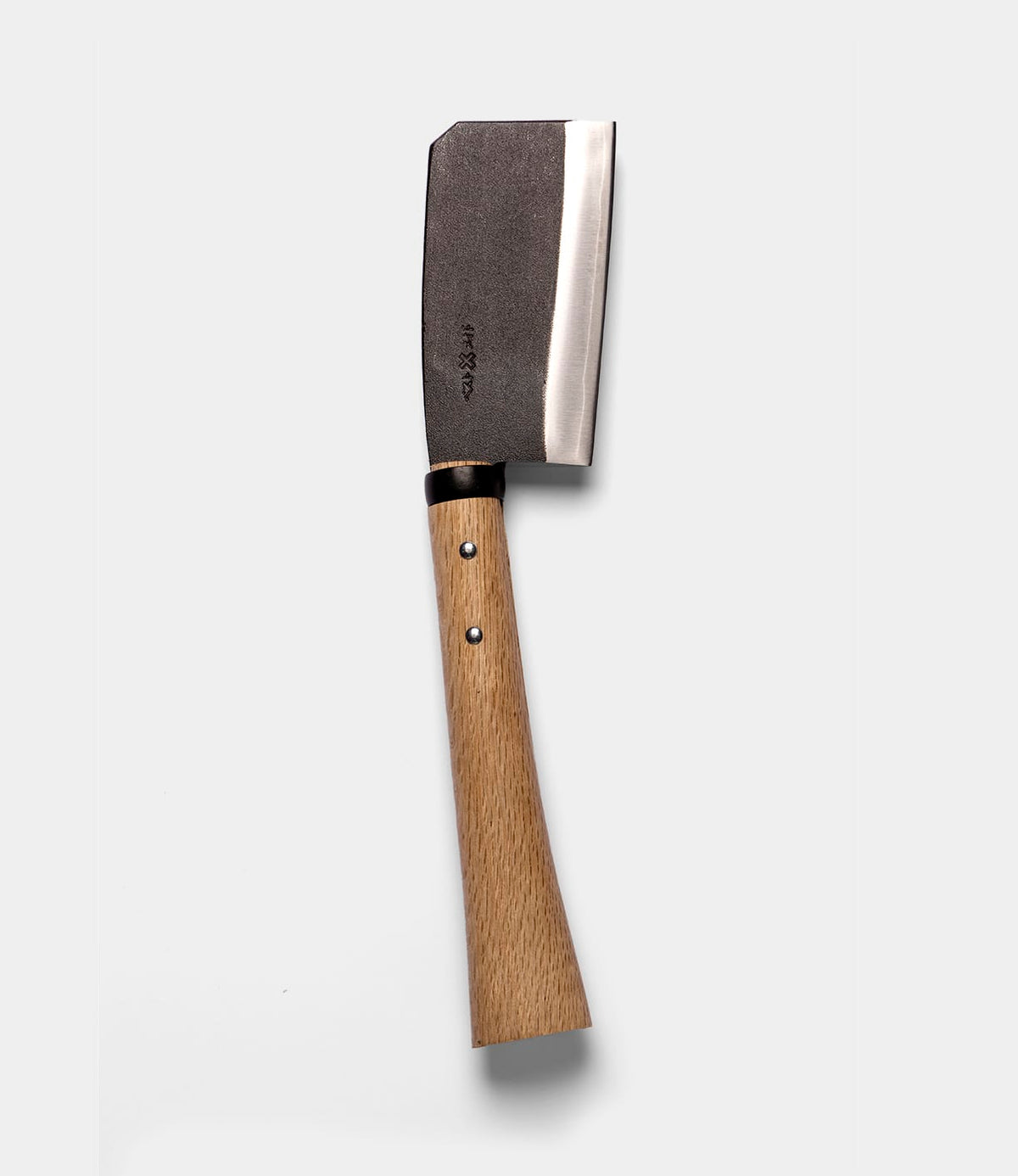 A Best Made Co. Azuma Hatchet, featuring a straight wooden handle and a dark, rectangular Japanese carbon steel blade with a sharp, polished edge, is photographed on a plain light gray background.