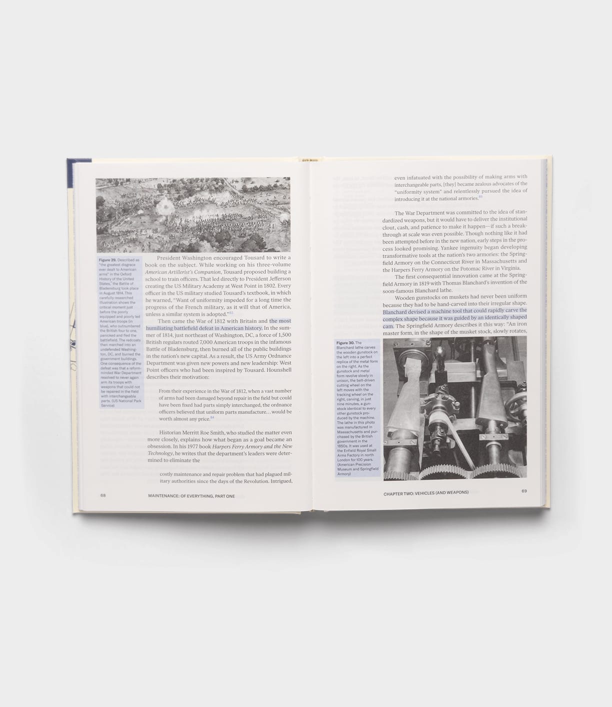 An open copy of "Maintenance of Everything" by Best Made Co. displays two pages: a black-and-white historical town image on the left, machinery on the right, surrounded by text and blue sidebars—highlighting themes of maintenance and preservation.