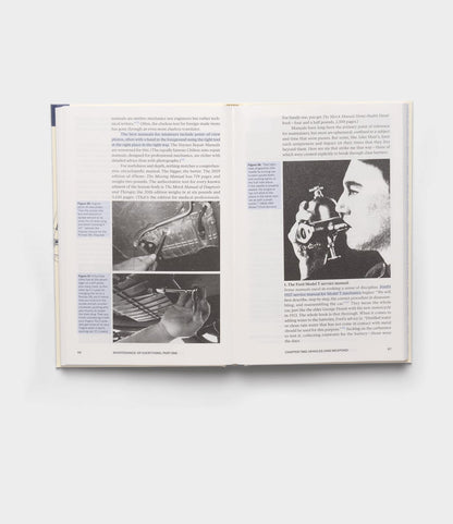 An open copy of "Maintenance of Everything" by Best Made Co. reveals two pages with text, blue-highlighted side notes, black-and-white photos—machinery on the left evoking fixers, and a person using a breathing apparatus on the right.