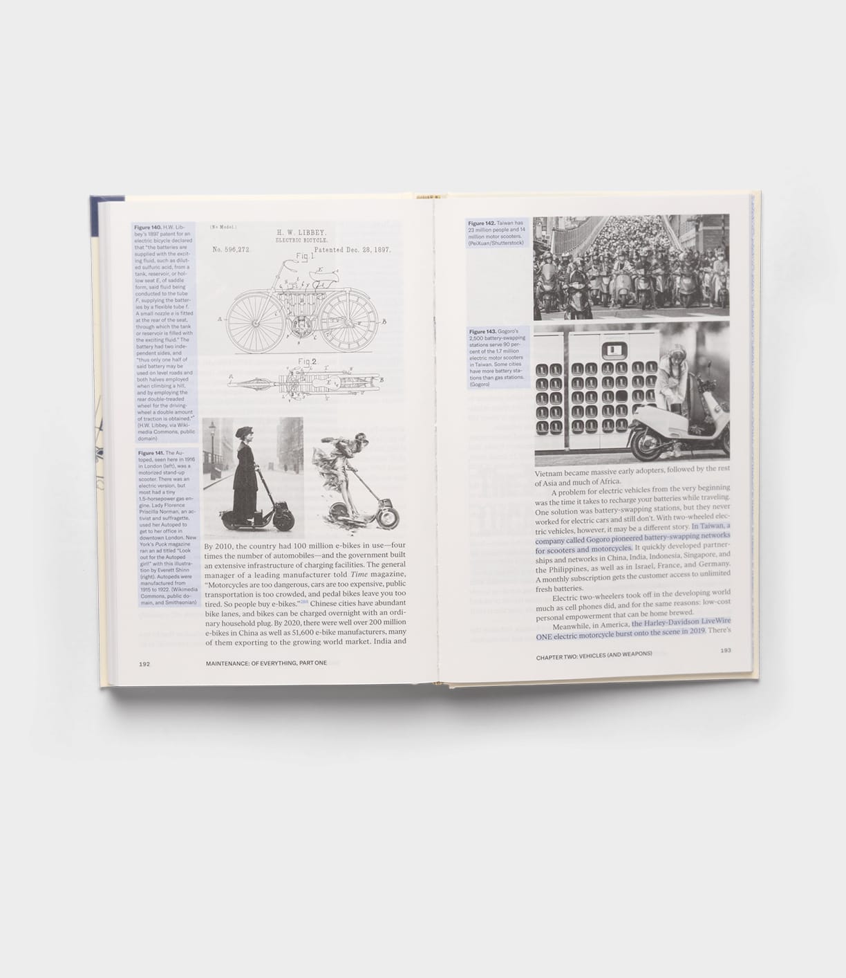 An open copy of "Maintenance of Everything" by Best Made Co. displays pages with text and black-and-white images, such as bicycle diagrams, a woman on an early scooter, vintage vehicles, and a group of fixers in front of a stage.