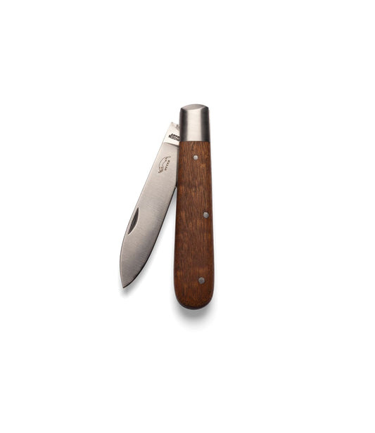 A Best Made Co. Otter-Messer Pocket Knife with a sapele handle and a partially open stainless steel blade, displayed on a plain light gray background.