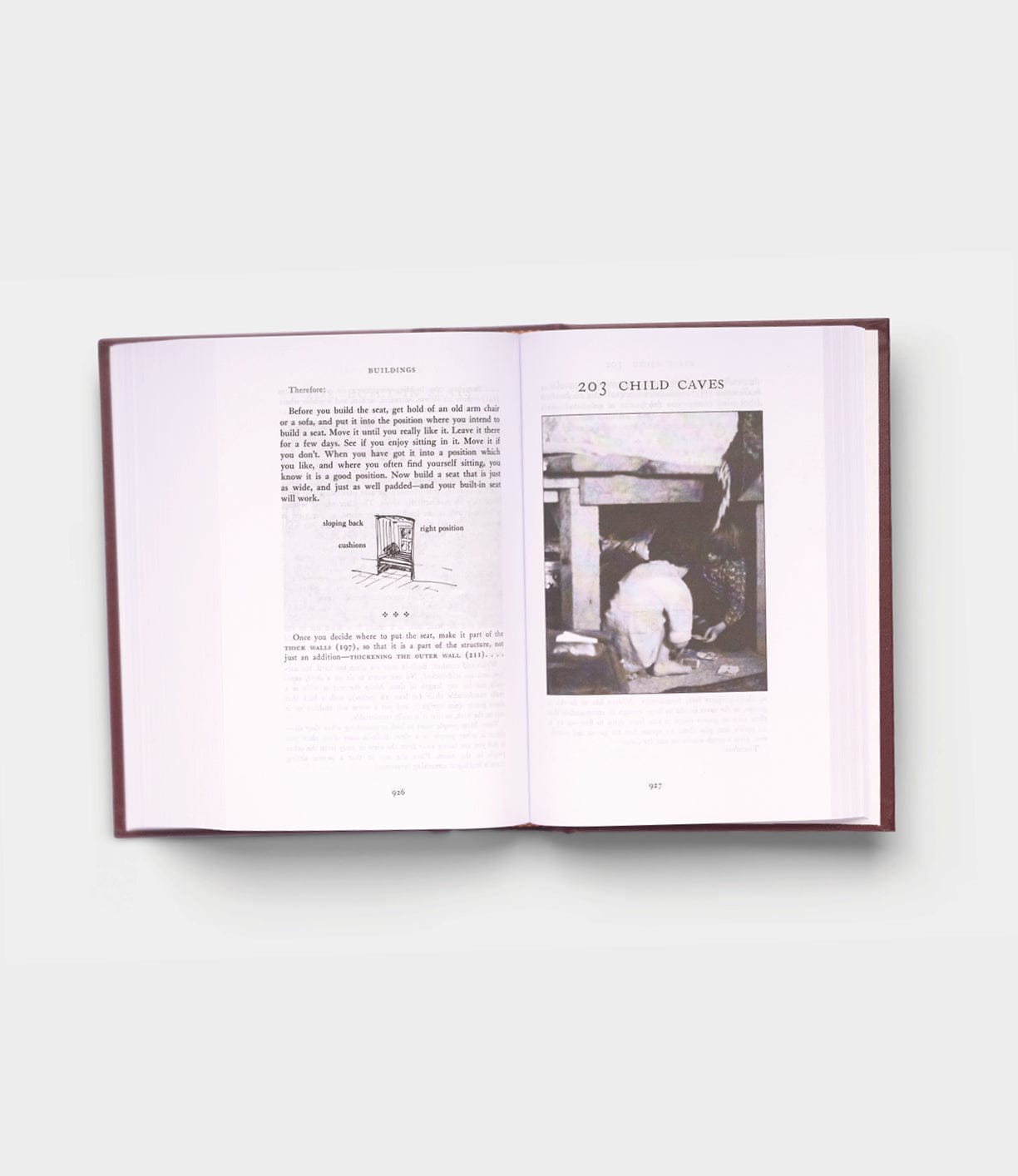 An open book, "A Pattern Language" by Best Made Co., displays two pages: the left has text and a small illustration; the right, titled "203. CHILD CAVES," features a black-and-white photo of a child crouched under a wooden structure.