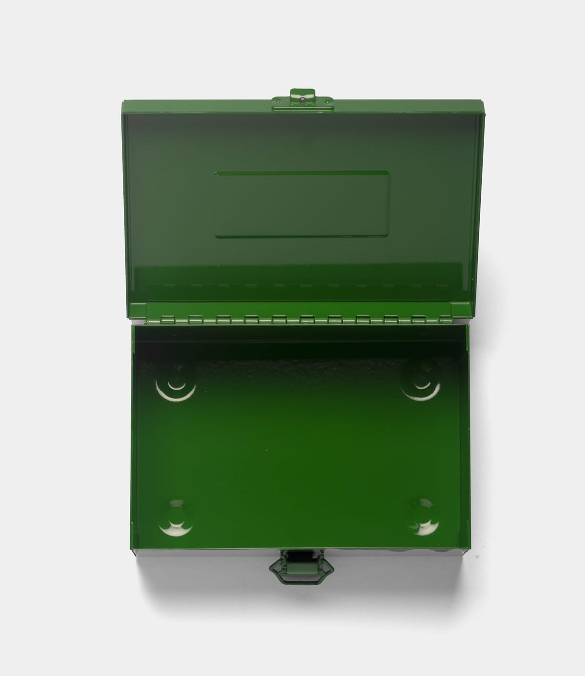 The Type 6 Strongbox Green by Best Made Co. is shown open and empty, made of durable steel, and photographed from above on a plain white background.