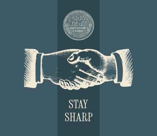 Two illustrated hands in suits shaking hands, with a vintage coin above them and the words STAY SHARP below, all set against a blue background.