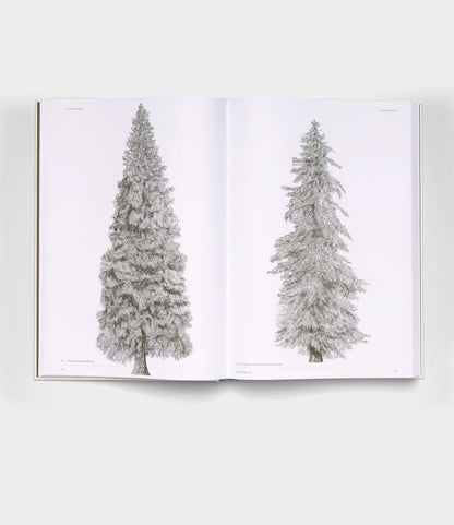 The Architecture of Trees by Best Made Co. presents detailed black-and-white illustrations of two conifer trees, each on a separate page against a plain white background, in an open book inspired by Robert Adams.