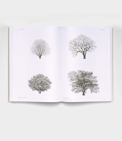 An open copy of "The Architecture of Trees" by Best Made Co. shows four black-and-white tree sketches—two bare, two with leaves—on white pages in a minimalist style.