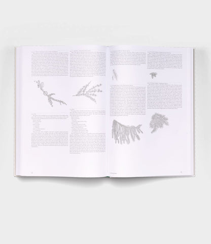 An open copy of Best Made Co.’s "The Architecture of Trees," displaying two pages filled with text and light gray botanical sketches scattered on a white background.