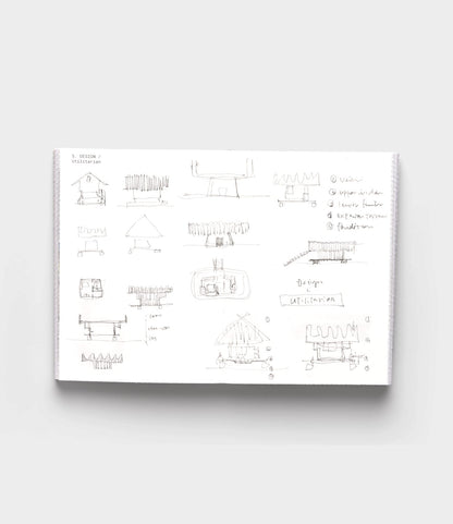 A sketchbook page with pencil drawings of hut-like structures, architectural diagrams, and notes inspired by the Tane Garden House by Best Made Co., featuring sustainable architecture referencing the Vitra Design Museum.
