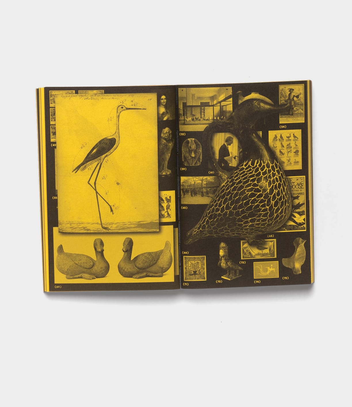 The book "With a Bird" by Best Made Co. opens to yellow-tinted pages filled with black-and-white vintage illustrations and photos of birds, bird sculptures, and artifacts in a cross-disciplinary collage layout.