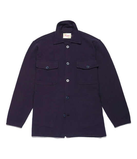 Navy blue Knit Lambswool CPO shirt with long sleeves, a collar, and two chest pockets.