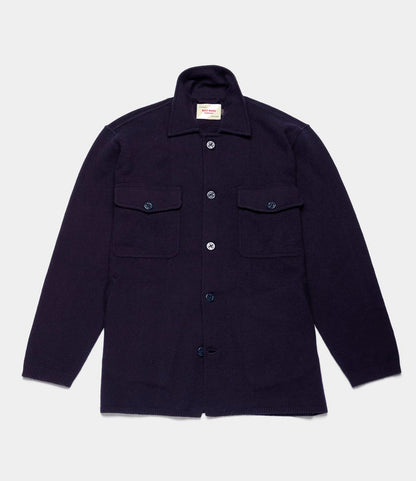 Navy blue Knit Lambswool CPO shirt with long sleeves, a collar, and two chest pockets.