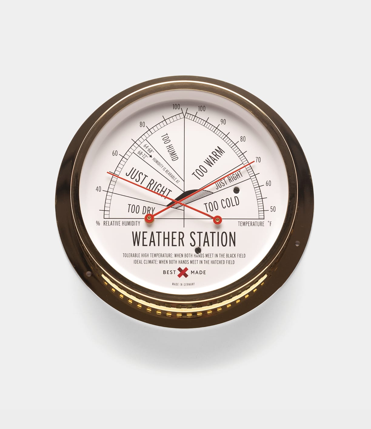 Round brass-case Weather Station by Best Made Co. displays temperature and humidity with thermometer and hygrometer dials, labeled Too Warm, Too Cold, Just Right. Features "Weather Station" and "Best Made Company" text on face.