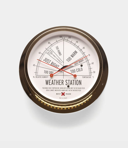 Round brass-case Weather Station by Best Made Co. displays temperature and humidity with thermometer and hygrometer dials, labeled Too Warm, Too Cold, Just Right. Features "Weather Station" and "Best Made Company" text on face.