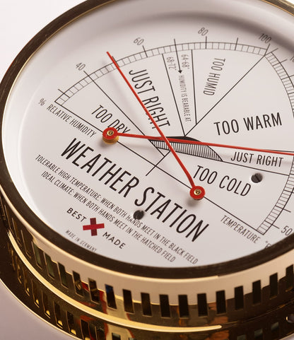 Close-up of the Best Made Co. Weather Station dial with a brass case, showing "Too Dry," "Too Humid," "Too Cold," "Too Warm," and "Just Right." Red needles indicate temperature and humidity on the thermometer and hygrometer.