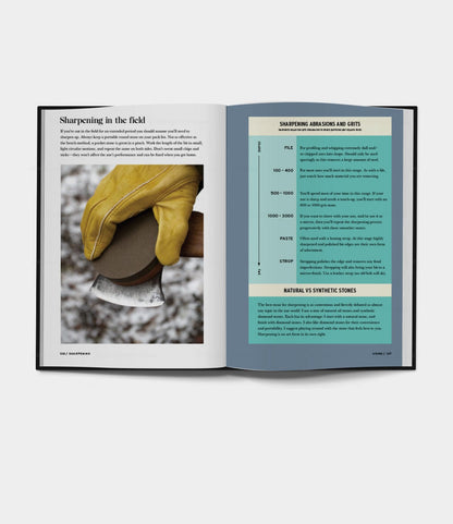 Open to Buchanan-Smith’s Axe Handbook (signed) by Best Made Co., showing a gloved hand sharpening an axe on the left page and detailed sharpening instructions with tables on the right.