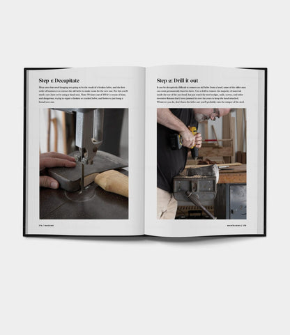 Open book displaying step-by-step woodworking instructions from Buchanan-Smith’s Axe Handbook (signed) by Best Made Co.; left page: using a bandsaw to cut wood, right page: drilling into wood on a Best Made workbench.